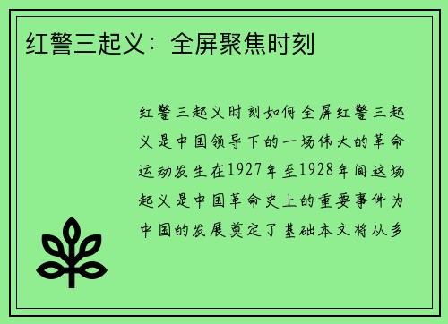 红警三起义：全屏聚焦时刻